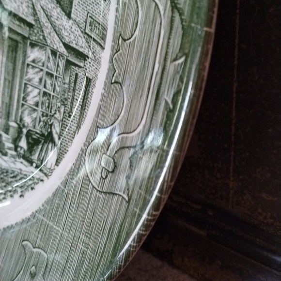 Royal China Currier & Ives Old Curiosity Shop Underglaze Green 10” Dinner Plates - Picture 4 of 8